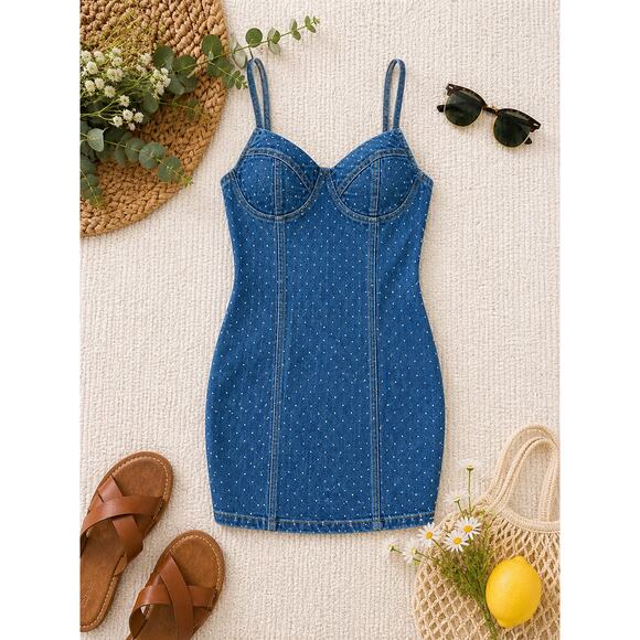 iris Dresses & Skirts - NWT IRIS Women's Denim Rhinestone Bustier Mini Dress Blue Glam Party Y2K Size M